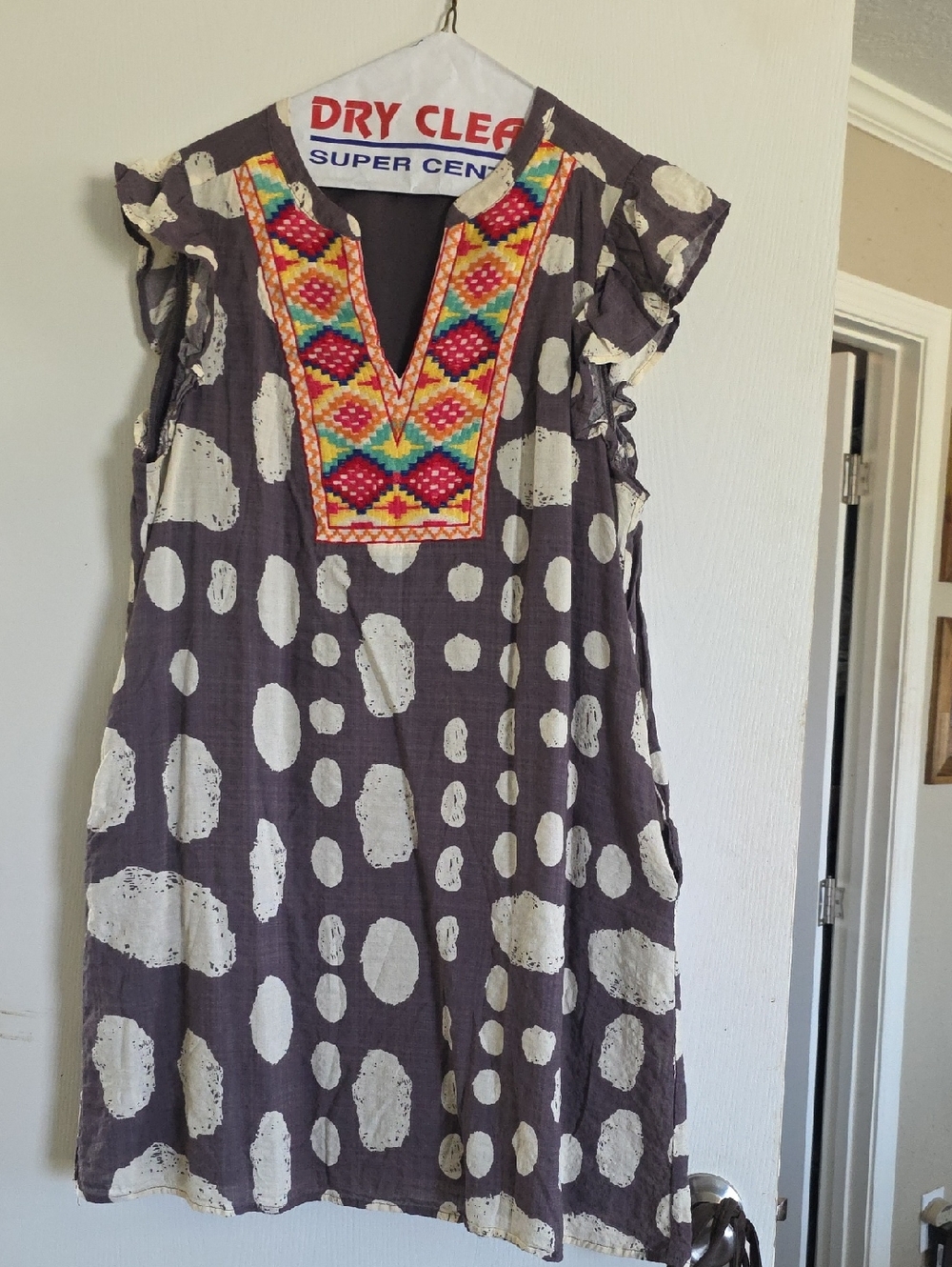 THML Gray Polka Dot Dress with Multicolor Embroidered Yoke
